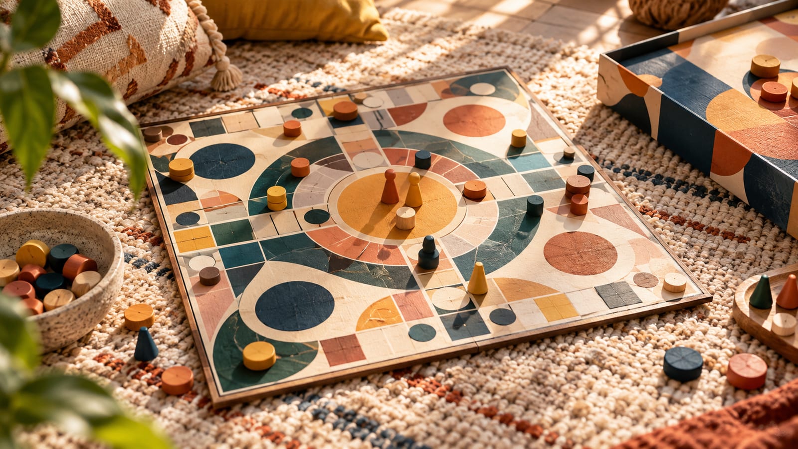 Una paleta de juegos de mesa abierta sobre una alfombra, con las piezas a medio colocar y una segunda caja de otro juego asomando al lado.