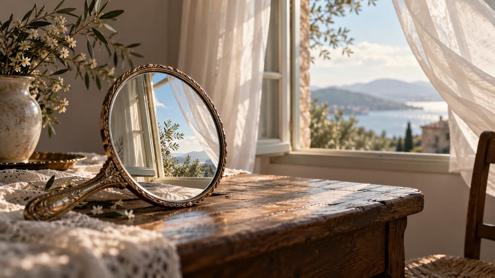 Un espejo de mano apoyado sobre una mesa reflejando una ventana abierta en vez de un rostro, con cortinas moviéndose con el viento.