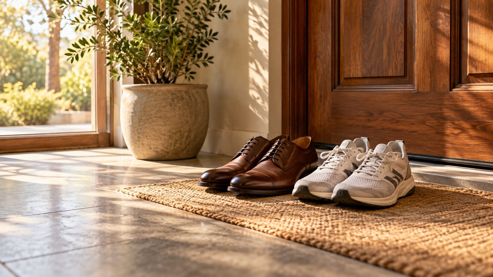 Dos pares de zapatos de distinto estilo colocados juntos junto a la puerta, uno de vestir y otro deportivo, con luz suave de mañana.