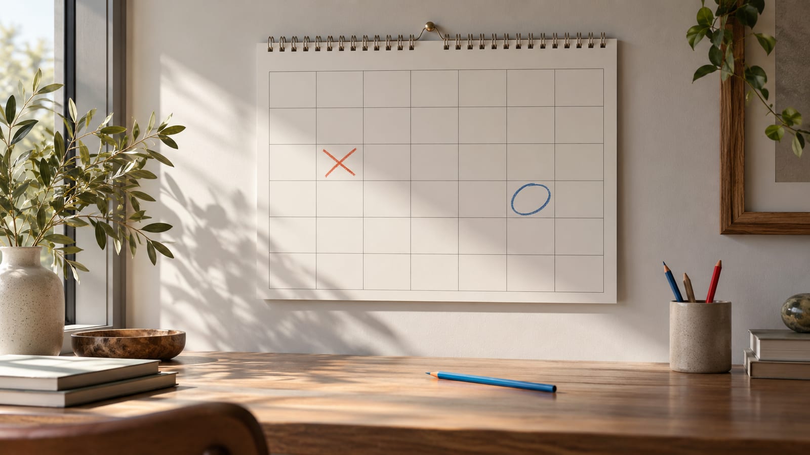Un calendario de pared con un día tachado y otro marcado con un círculo distinto, junto a un lápiz de color sobre el escritorio.