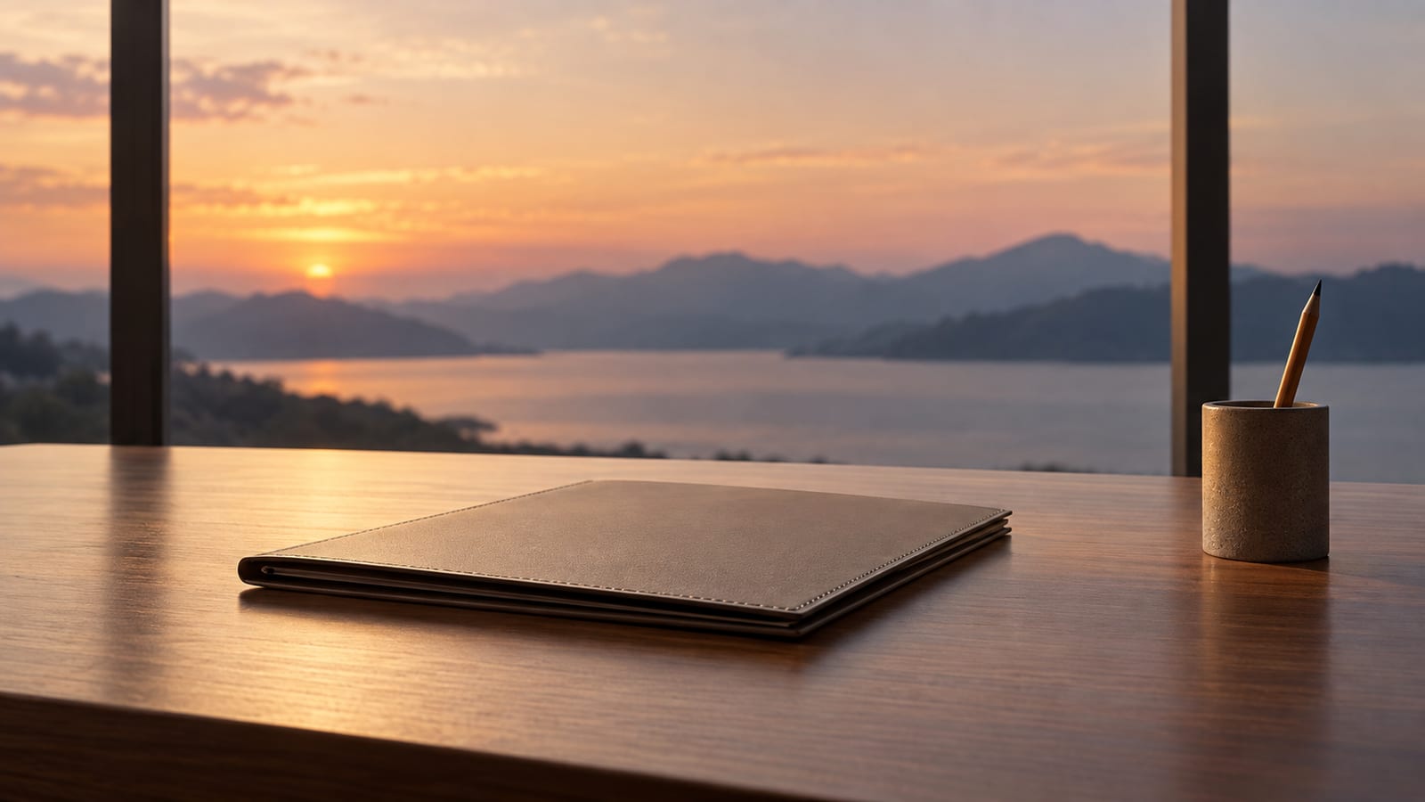 Un escritorio ordenado al final del día, con una sola carpeta cerrada sobre la mesa vacía y un lápiz guardado en su lugar.