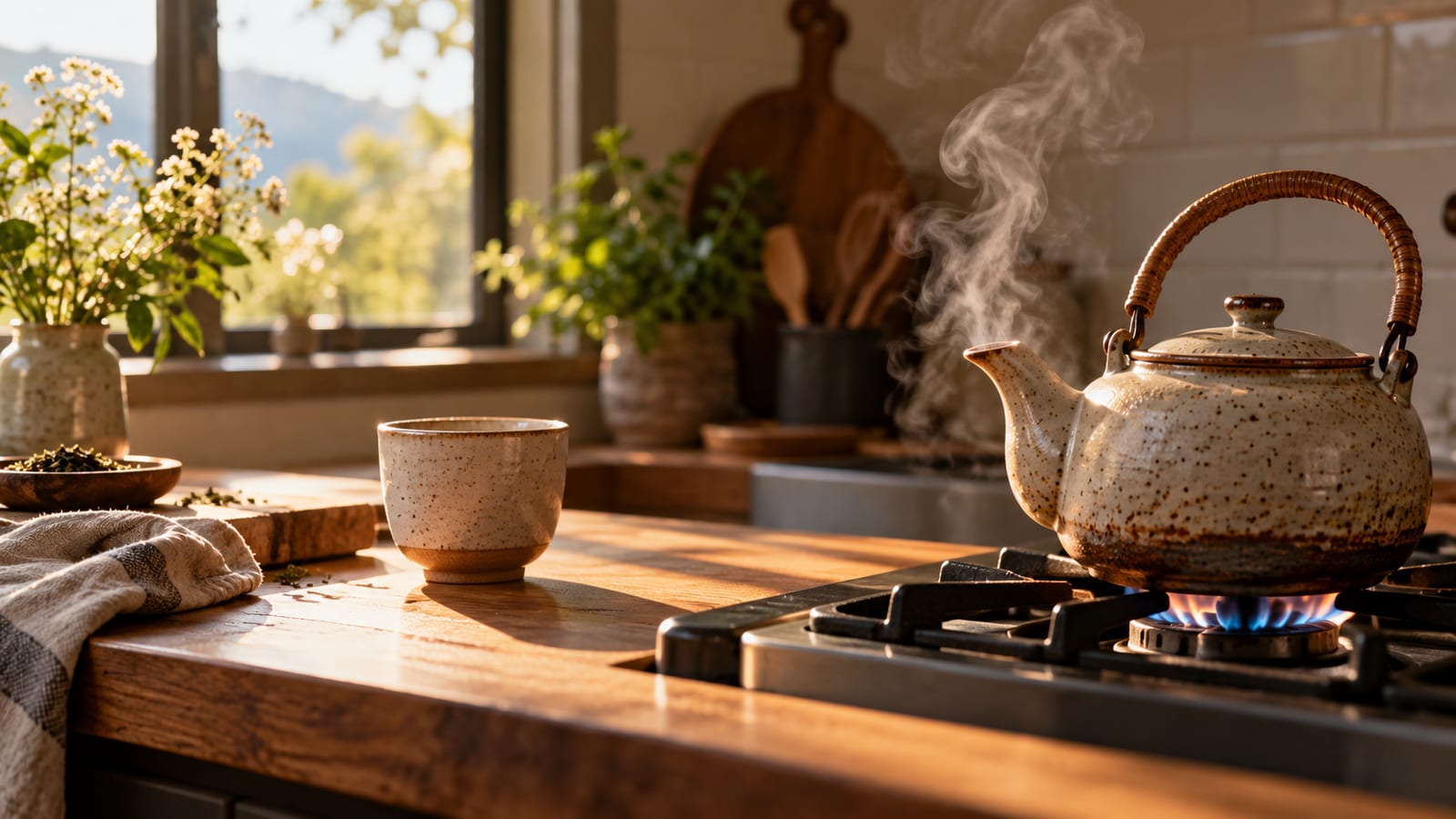 Una tetera de cerámica sobre la estufa con vapor subiendo, junto a una taza vacía esperando en el mostrador de la cocina.