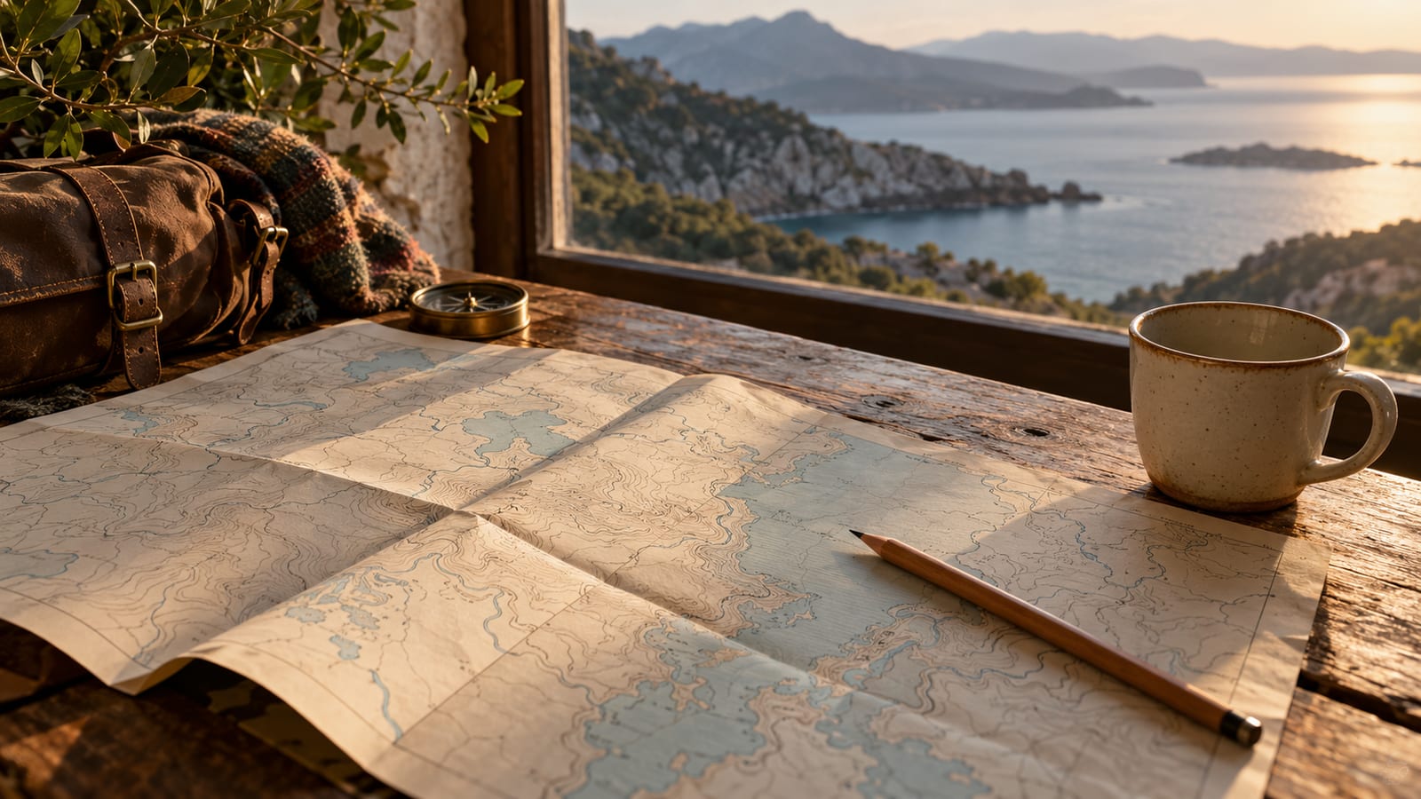 Un mapa doblado sobre una mesa junto a una taza de café vacía y un lápiz apoyado encima, sin marcas nuevas todavía.