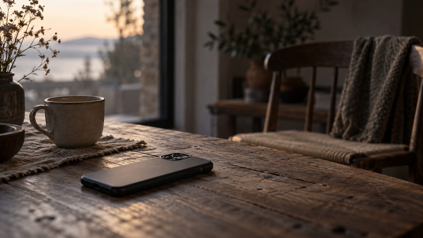 Un teléfono apoyado boca abajo sobre una mesa junto a una taza vacía, con luz tenue de tarde y una silla vacía al fondo.