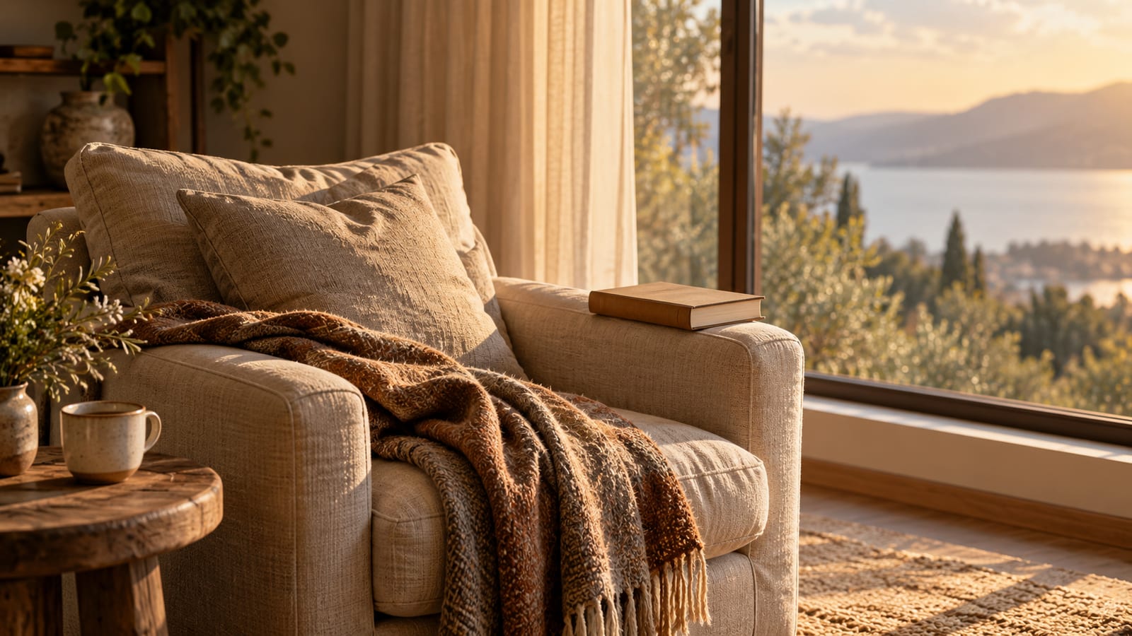 Un sillón junto a una ventana con una manta doblada encima y un libro cerrado sobre el brazo, con luz suave de tarde entrando.