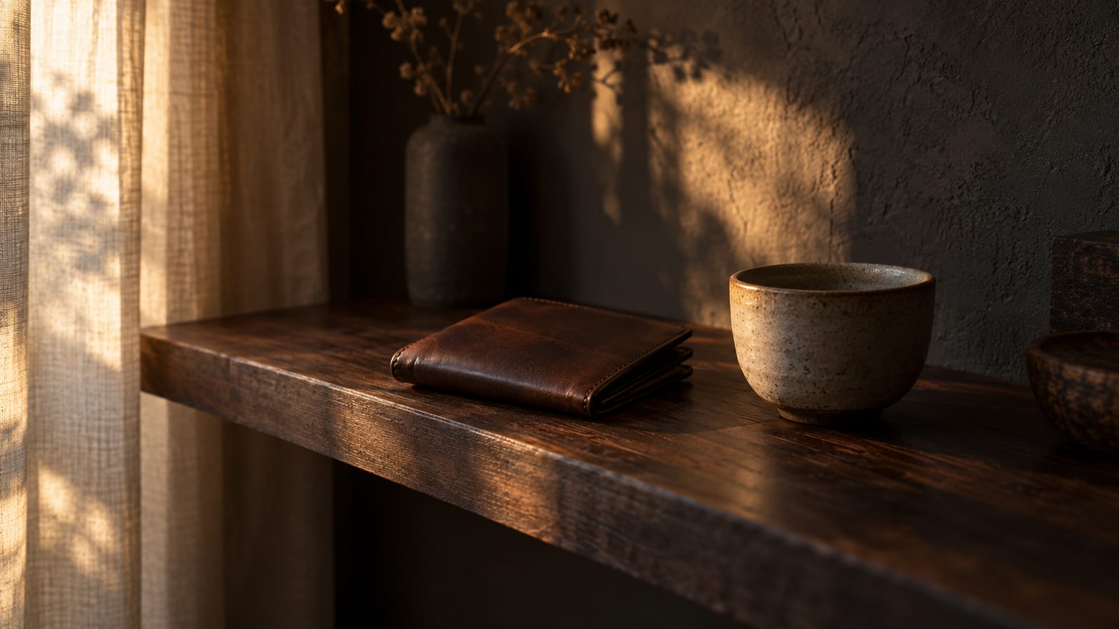 Una cartera de cuero cerrada junto a un cuenco de cerámica vacío sobre una repisa de madera oscura, con luz tenue de tarde entrando por una cortina.