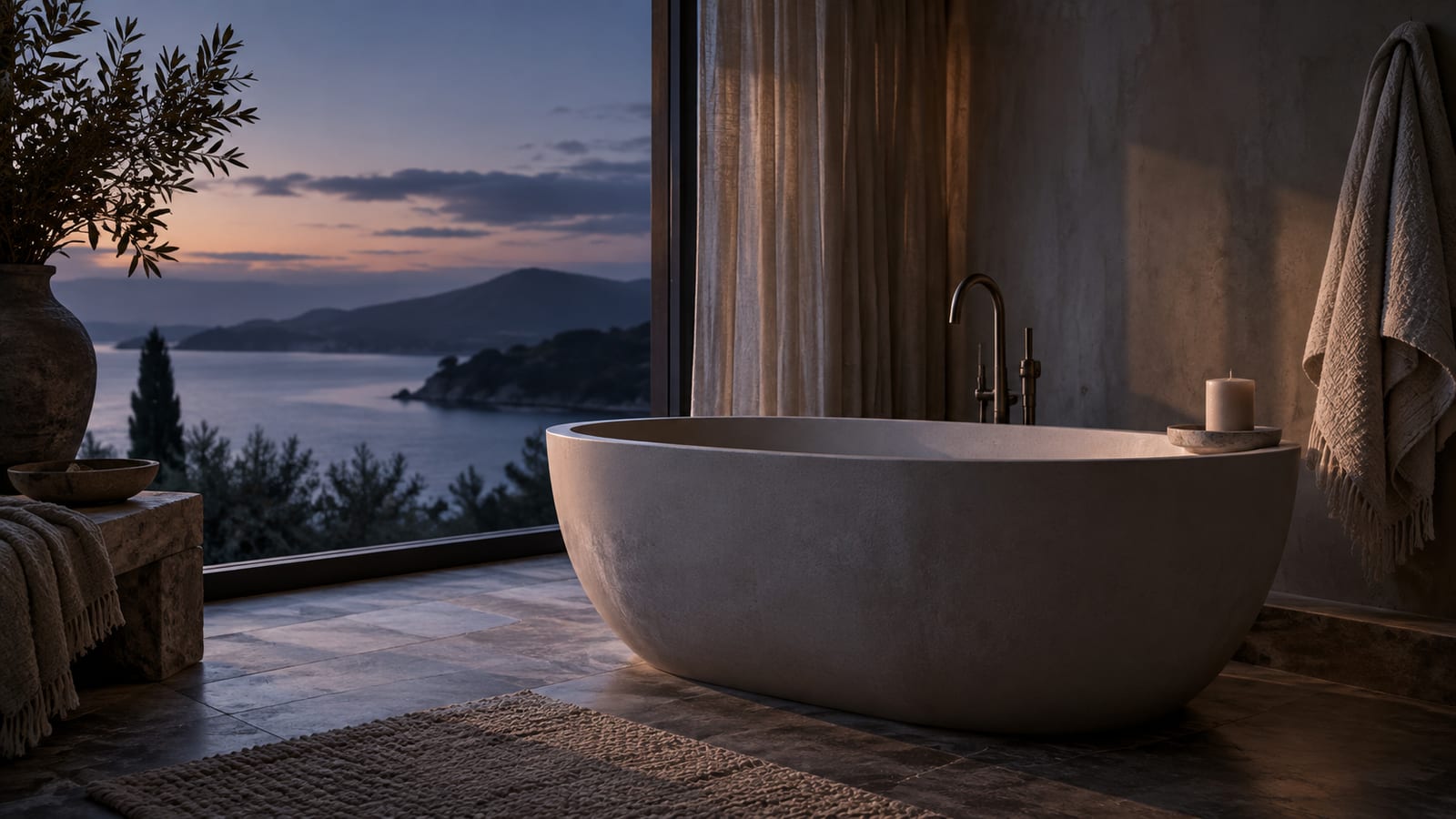 Una bañera vacía con una vela apagada en el borde y una toalla doblada colgada cerca, con luz tenue de atardecer entrando.