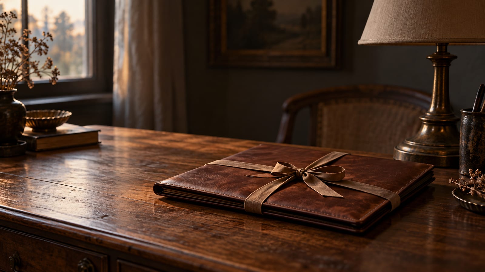 Una carpeta de cuero cerrada con una cinta atada sobre un escritorio de madera, junto a una lámpara apagada y luz tenue de tarde.