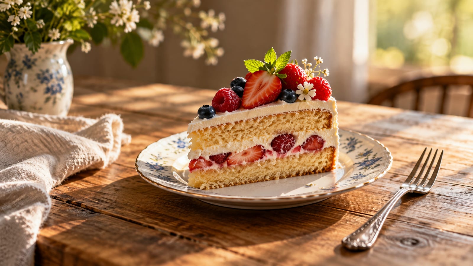 Un trozo de pastel servido en un plato de porcelana sobre una mesa de madera, con un tenedor a un lado y luz suave de tarde.