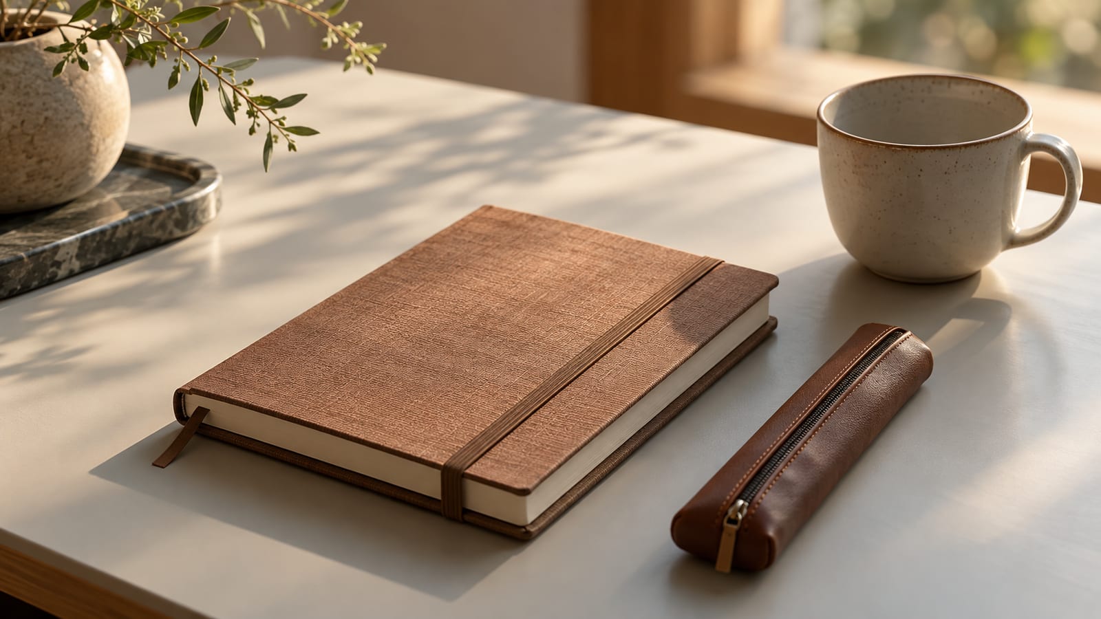 Un cuaderno cerrado con una goma elástica alrededor sobre un escritorio limpio, junto a una taza vacía y un lápiz guardado en su estuche.
