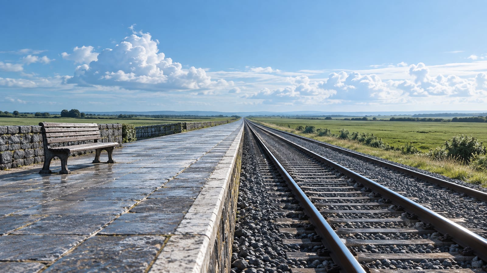 Una pequeña estación de tren rural vacía a media mañana, con un andén de piedra, un banco de madera y las vías rectas hacia un horizonte despejado.
