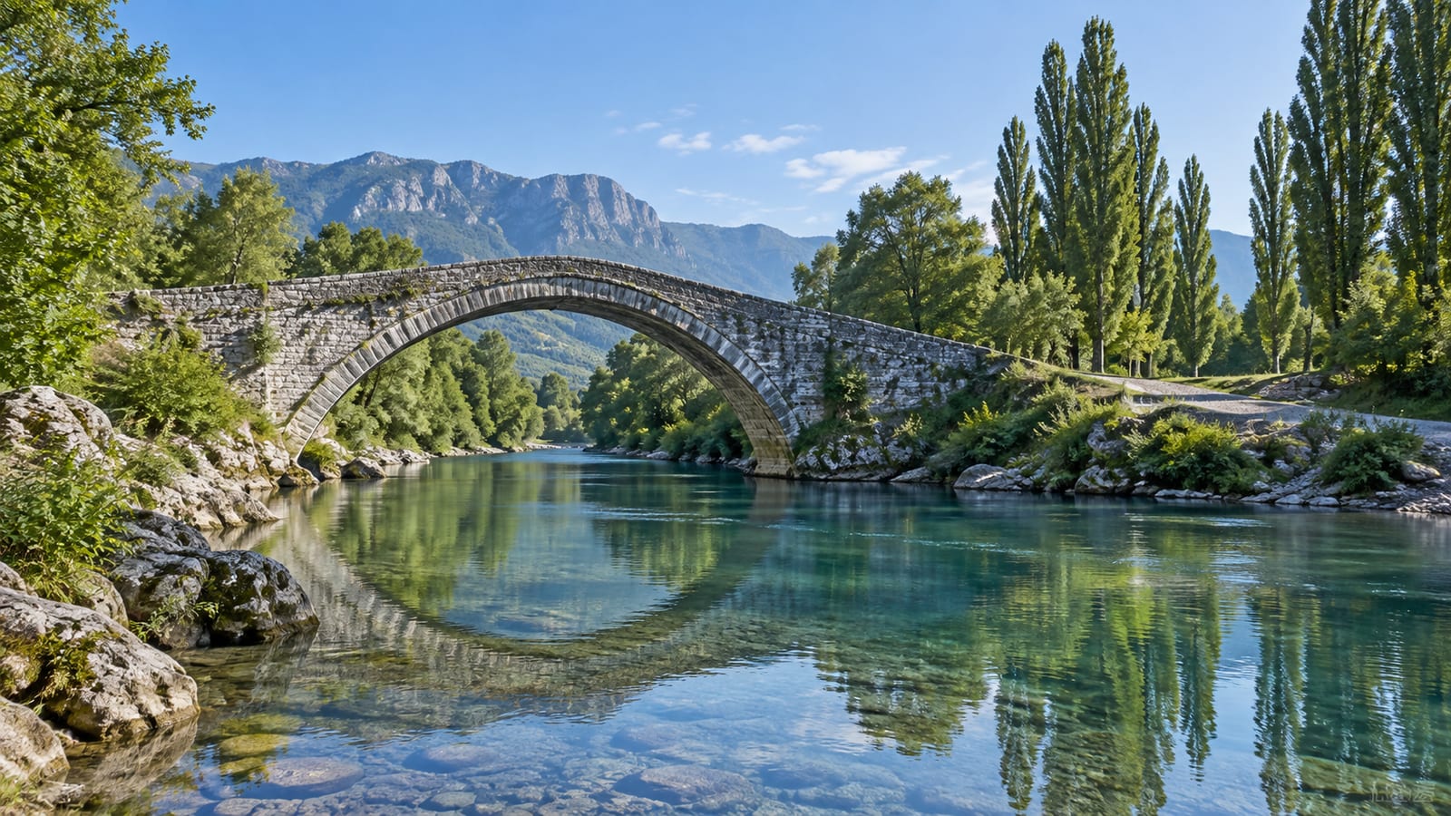 Un puente peatonal de piedra cruza un río ancho y claro a media mañana, con un camino de grava que continúa entre álamos en la otra orilla.