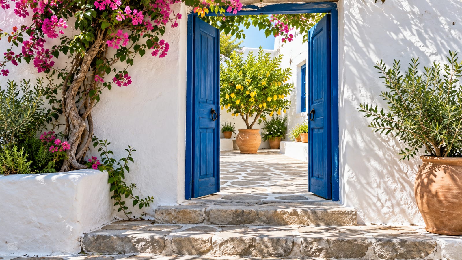 Una casa encalada con la puerta azul abierta de par en par deja ver un patio con un limonero y el suelo de piedra recién barrido, a media mañana.