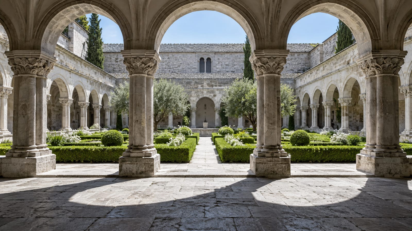 Un claustro de piedra vacío a mediodía, con un jardín central de boj recortado y una galería de arcos que proyecta sombras frescas sobre el suelo.