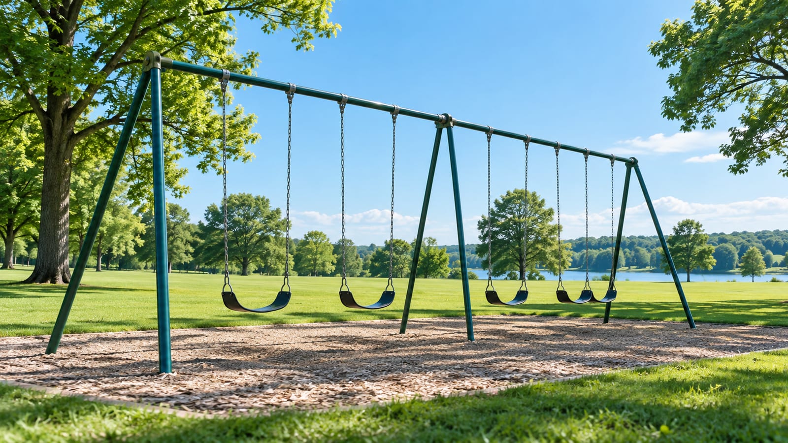 Una fila de columpios vacíos en un parque amplio a mediodía, con las cadenas quietas, césped recién cortado y árboles altos de sombra corta.