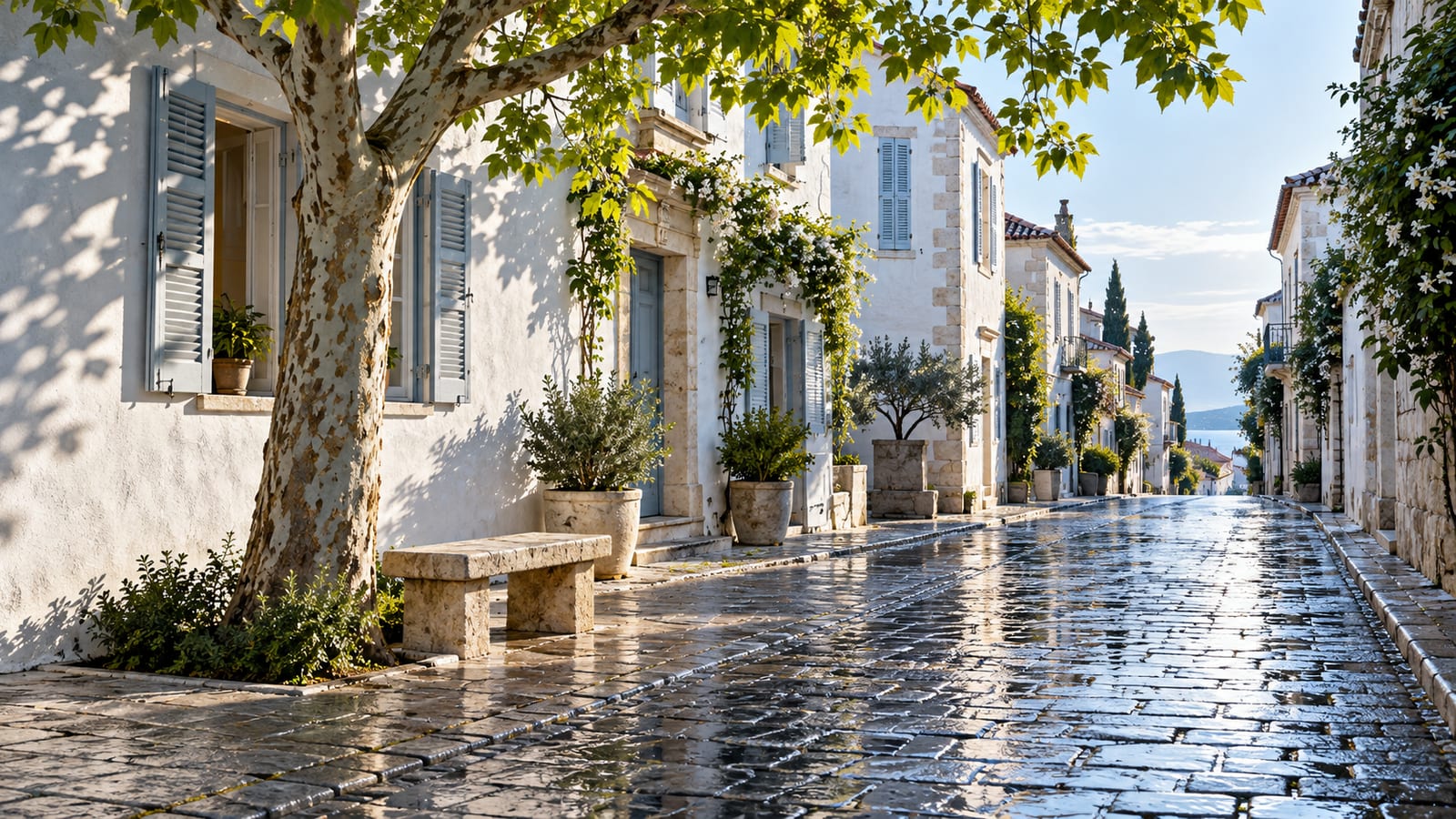 Una calle estrecha de barrio recién regada a primera hora, con los adoquines brillantes, persianas abiertas en fachadas blancas y un banco de piedra bajo un árbol.