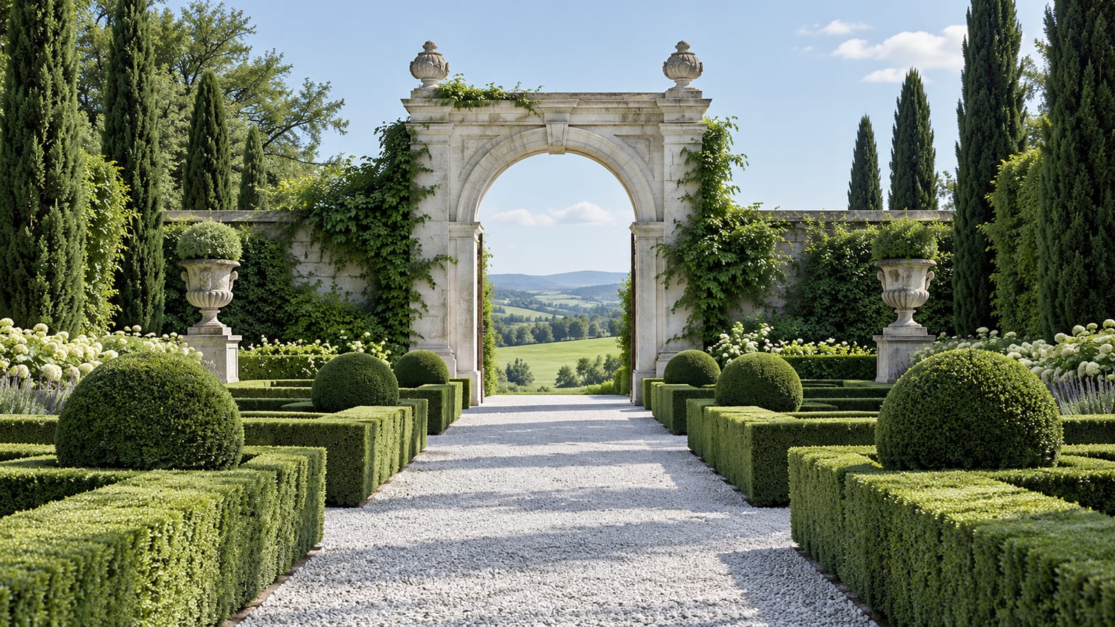 Un jardín formal de setos simétricos con un paseo de grava blanca que conduce a un arco de piedra abierto hacia una pradera luminosa, a media mañana.