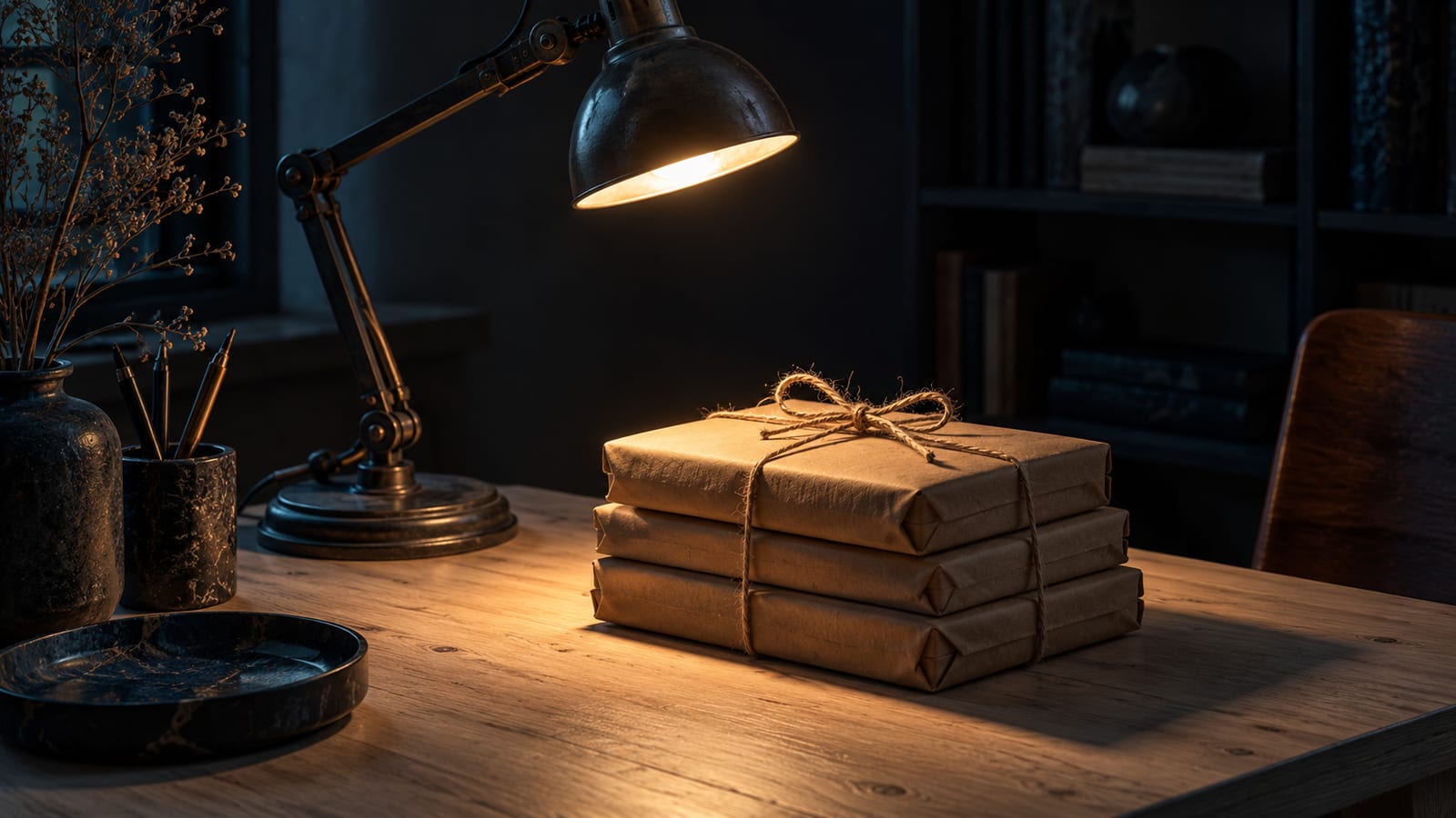 Una pila de libros nuevos envueltos en papel de estraza y atados con cordel sobre una mesa de lectura, bajo la luz de un flexo metálico en una habitación oscura.