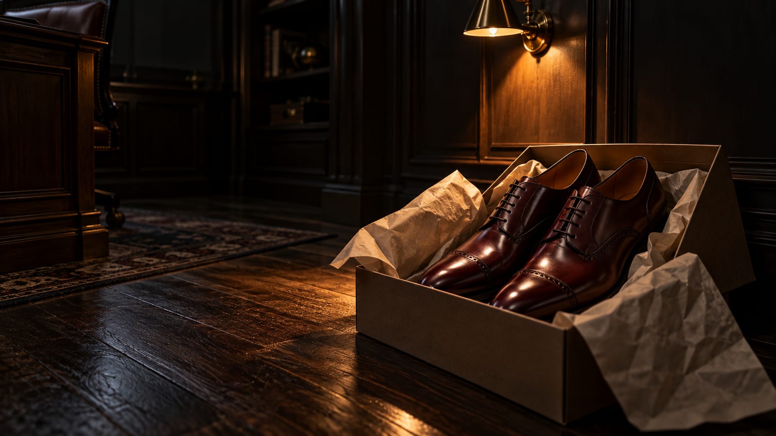 Un par de zapatos de piel nuevos y lustrados en su caja abierta con papel de seda, sobre el suelo de madera de un despacho a oscuras, bajo la luz de un aplique de pared.