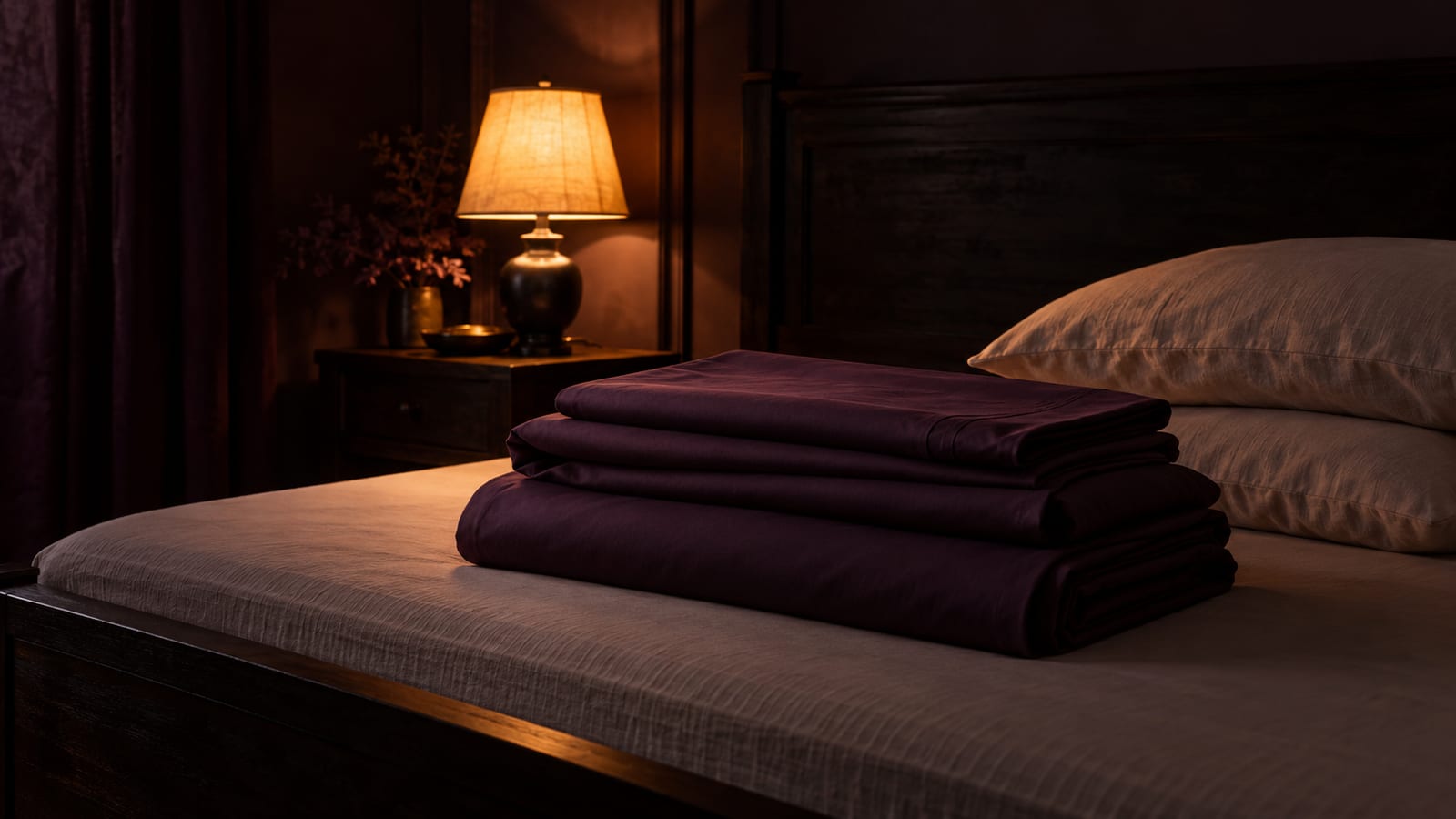 Una cama de madera oscura con un juego de sábanas nuevas todavía dobladas sobre el colchón, en un dormitorio en penumbra iluminado por una lámpara de noche.