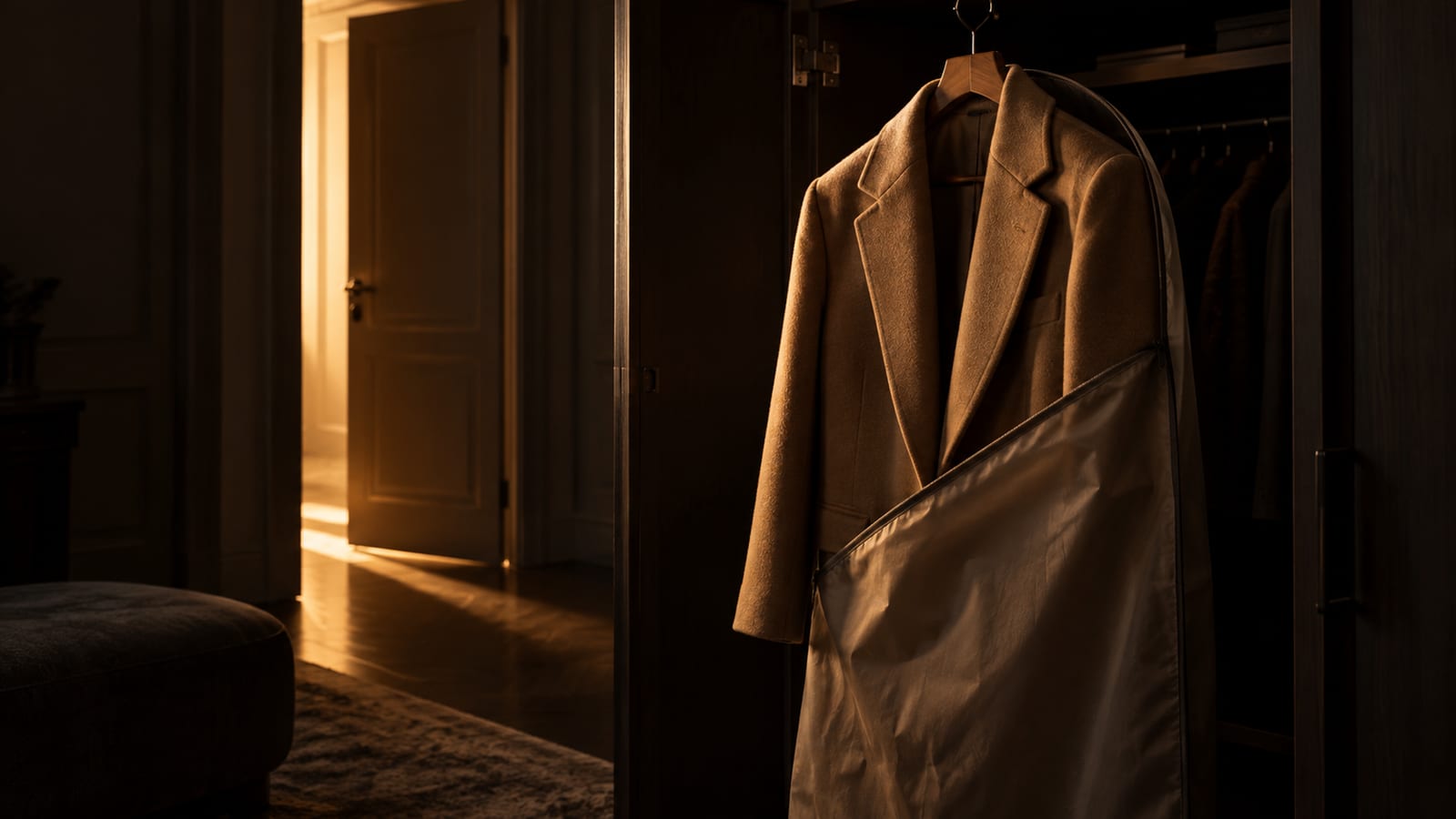 Un abrigo de lana nuevo color camel colgado en la puerta de un armario, con la funda a medio quitar, iluminado por la luz cálida que entra desde el pasillo.
