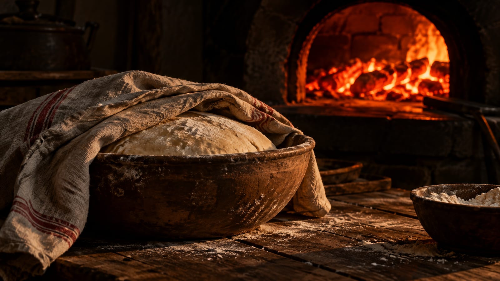 Un cuenco de barro con masa de pan levando bajo un paño de lino, sobre una mesa de madera junto a la boca de un horno de leña con brasas, en una cocina a oscuras.