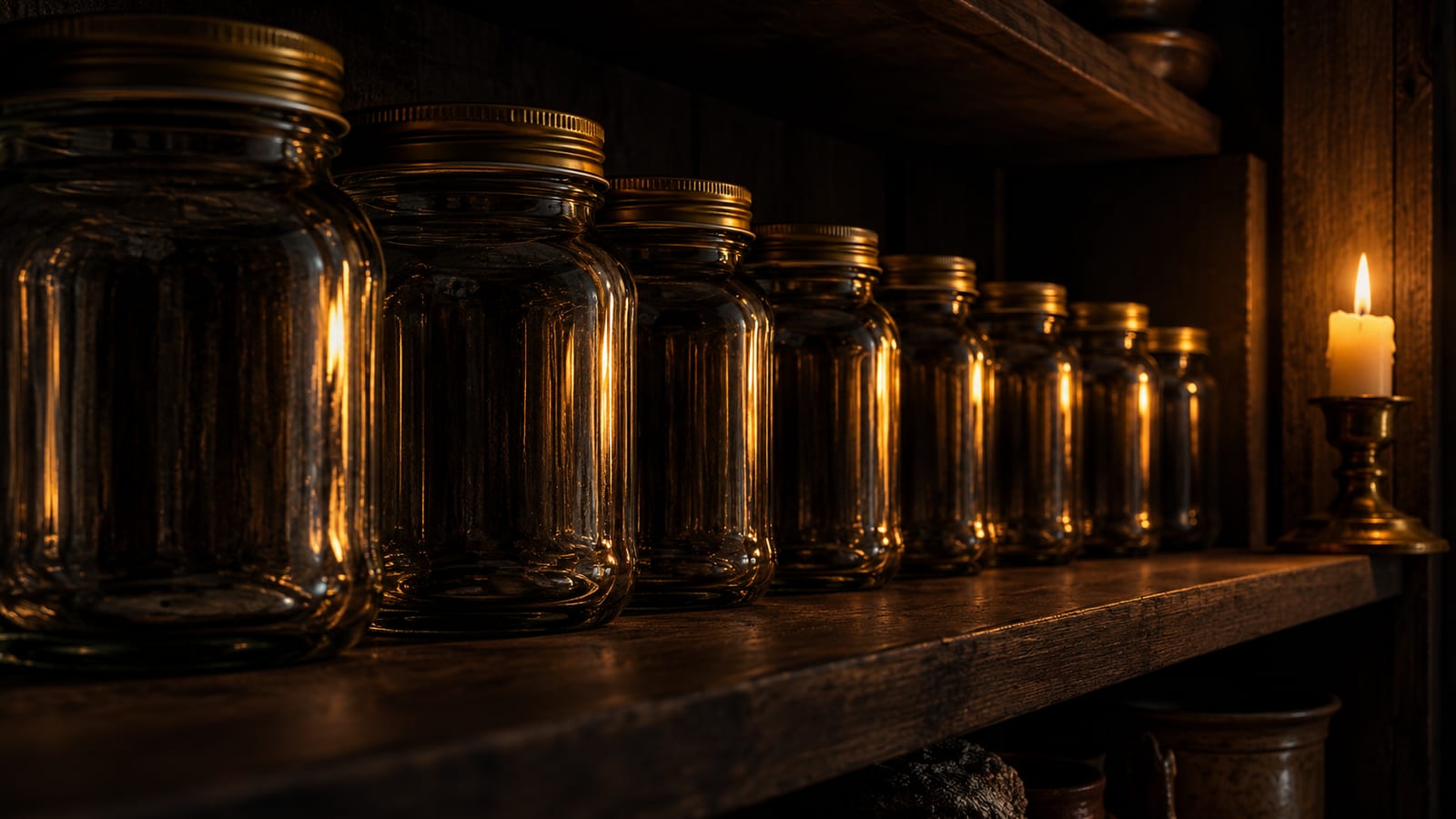 Una hilera de frascos de conserva vacíos y relucientes con las tapas cerradas en el estante de una despensa, iluminados por una vela corta en un candelero de latón.