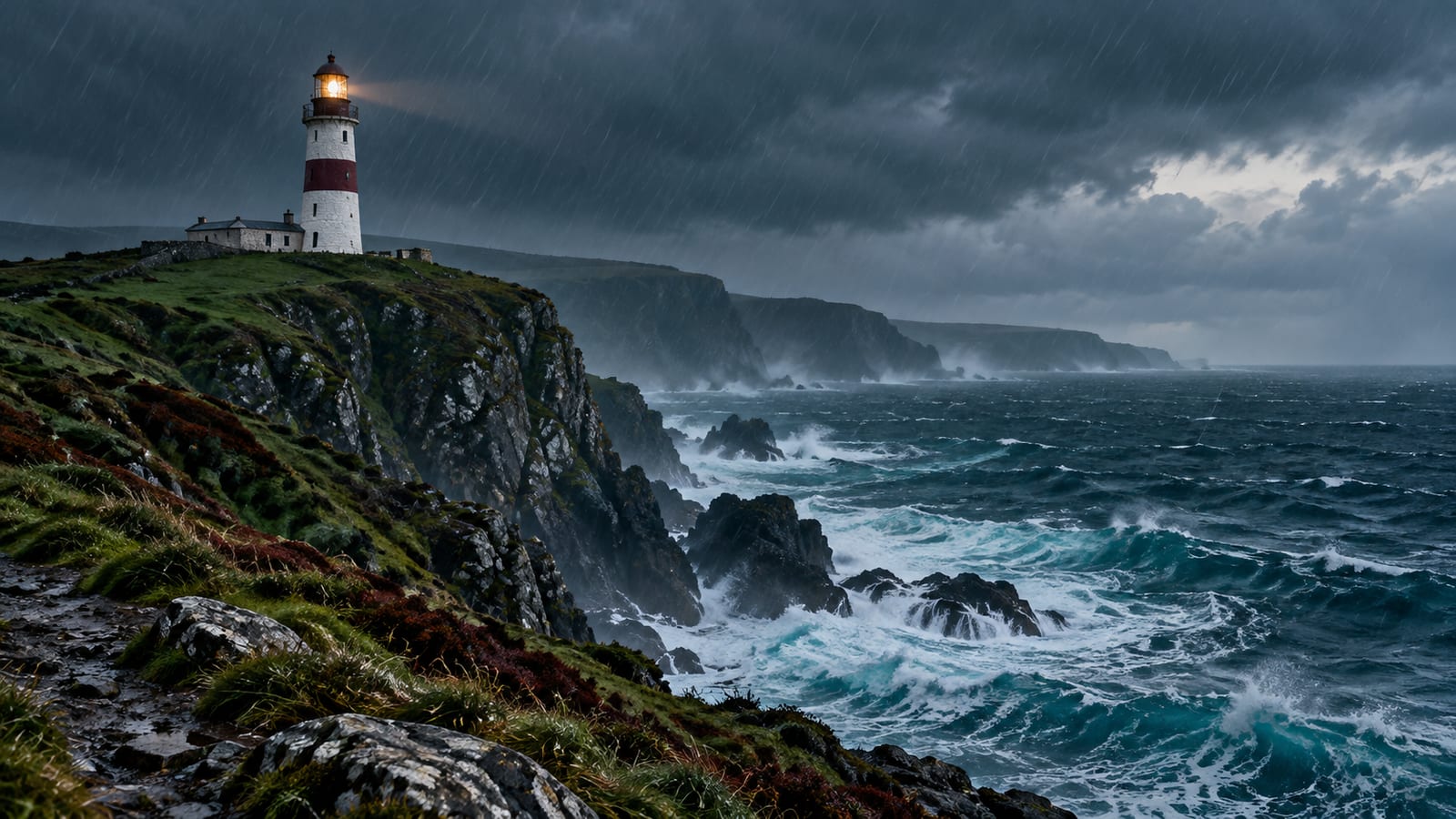 Un faro de piedra blanca con una franja granate en lo alto de un acantilado verde oscuro, bajo lluvia fina y frente a un mar agitado.
