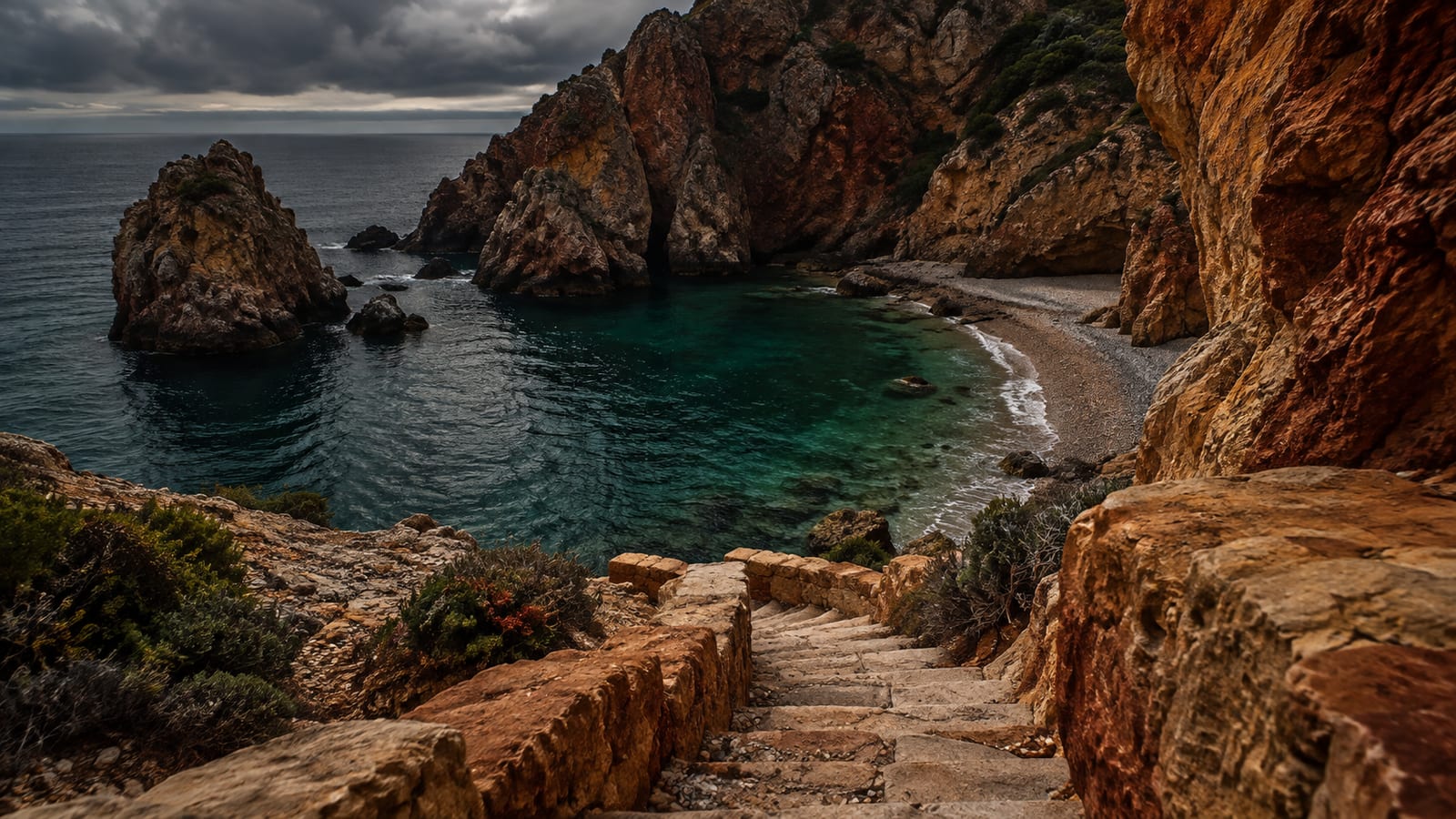 Un sendero de escalones tallados en la roca baja hacia una cala escondida de agua verde oscura, entre acantilados ocres bajo un cielo cubierto.