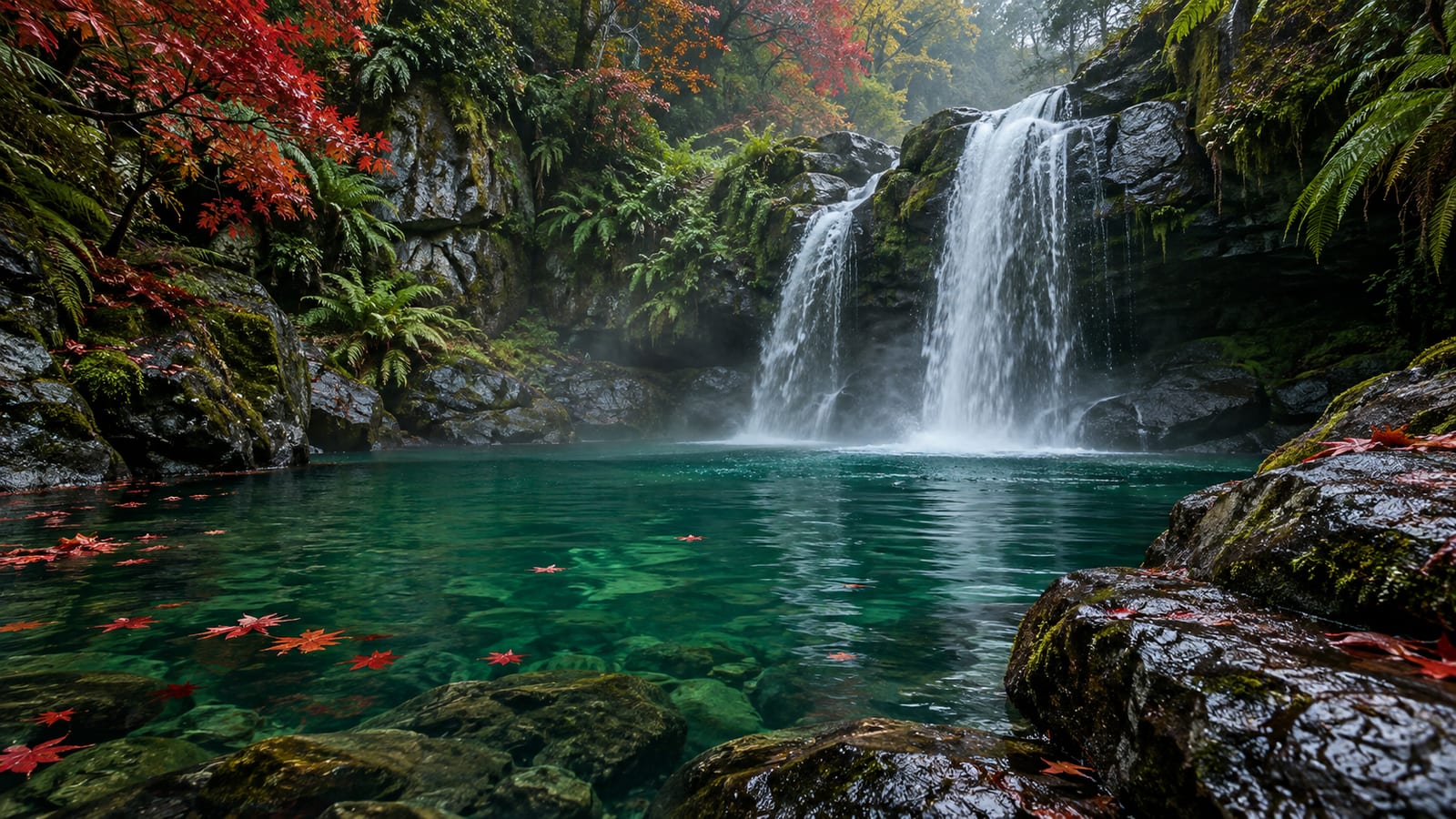 Una poza de agua verde esmeralda al pie de una cascada pequeña, entre helechos y rocas oscuras, con hojas rojas flotando en la superficie.