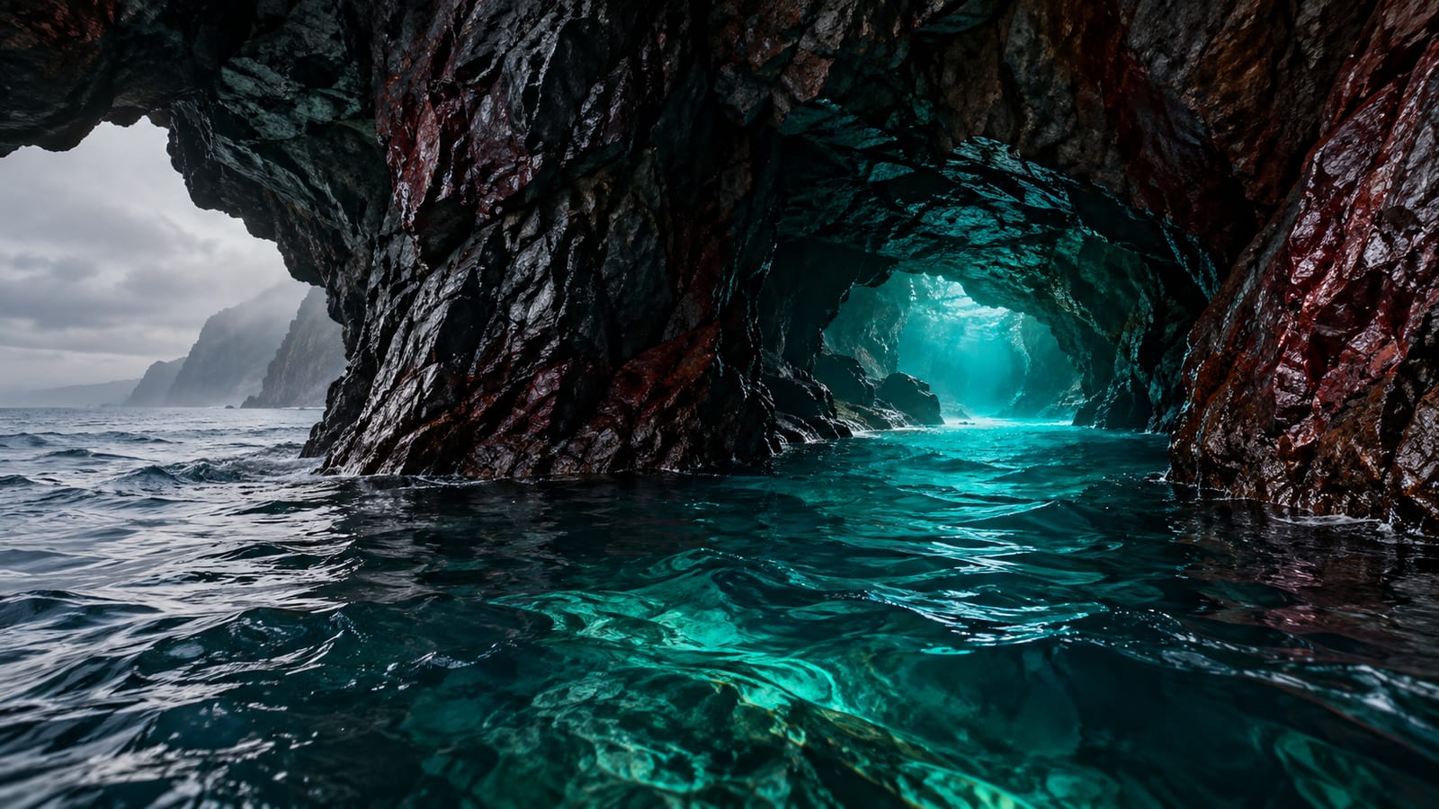 La boca de una cueva marina en un acantilado oscuro, con agua turquesa profunda que brilla desde dentro entre paredes de roca granate y negra.