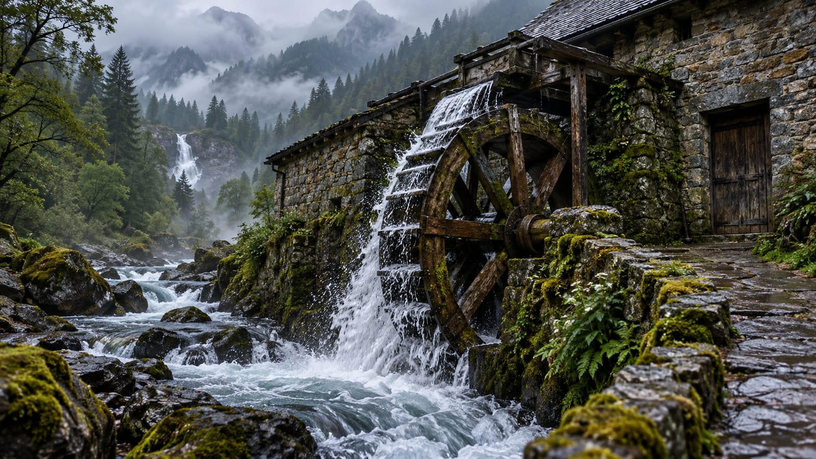 Un viejo molino de piedra junto a un arroyo de montaña, con la rueda de madera girando entre espuma y los muros cubiertos de musgo.
