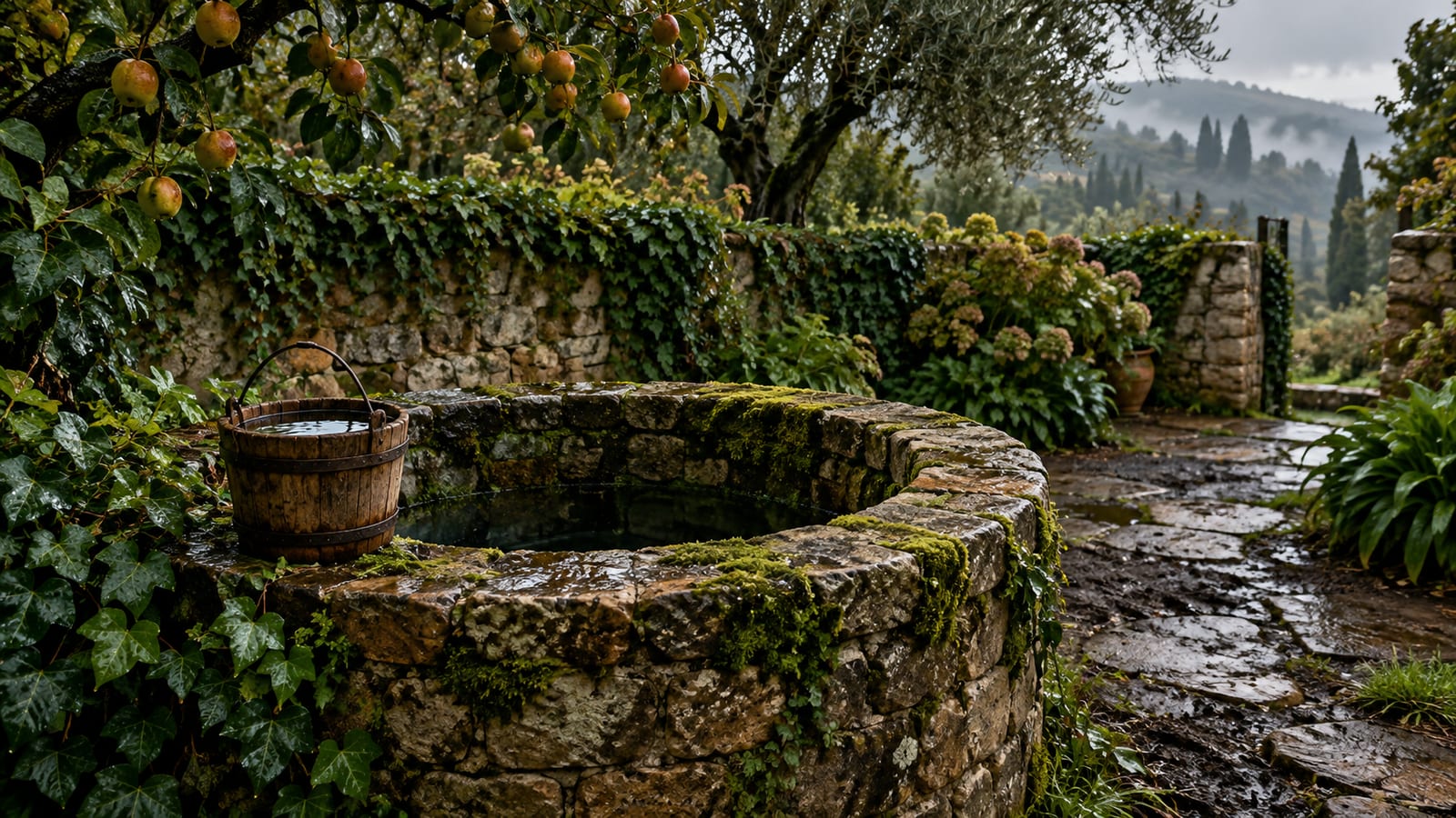 Un pozo de piedra antiguo en un huerto cercado tras la lluvia, con un cubo de madera lleno de agua sobre el brocal cubierto de musgo.
