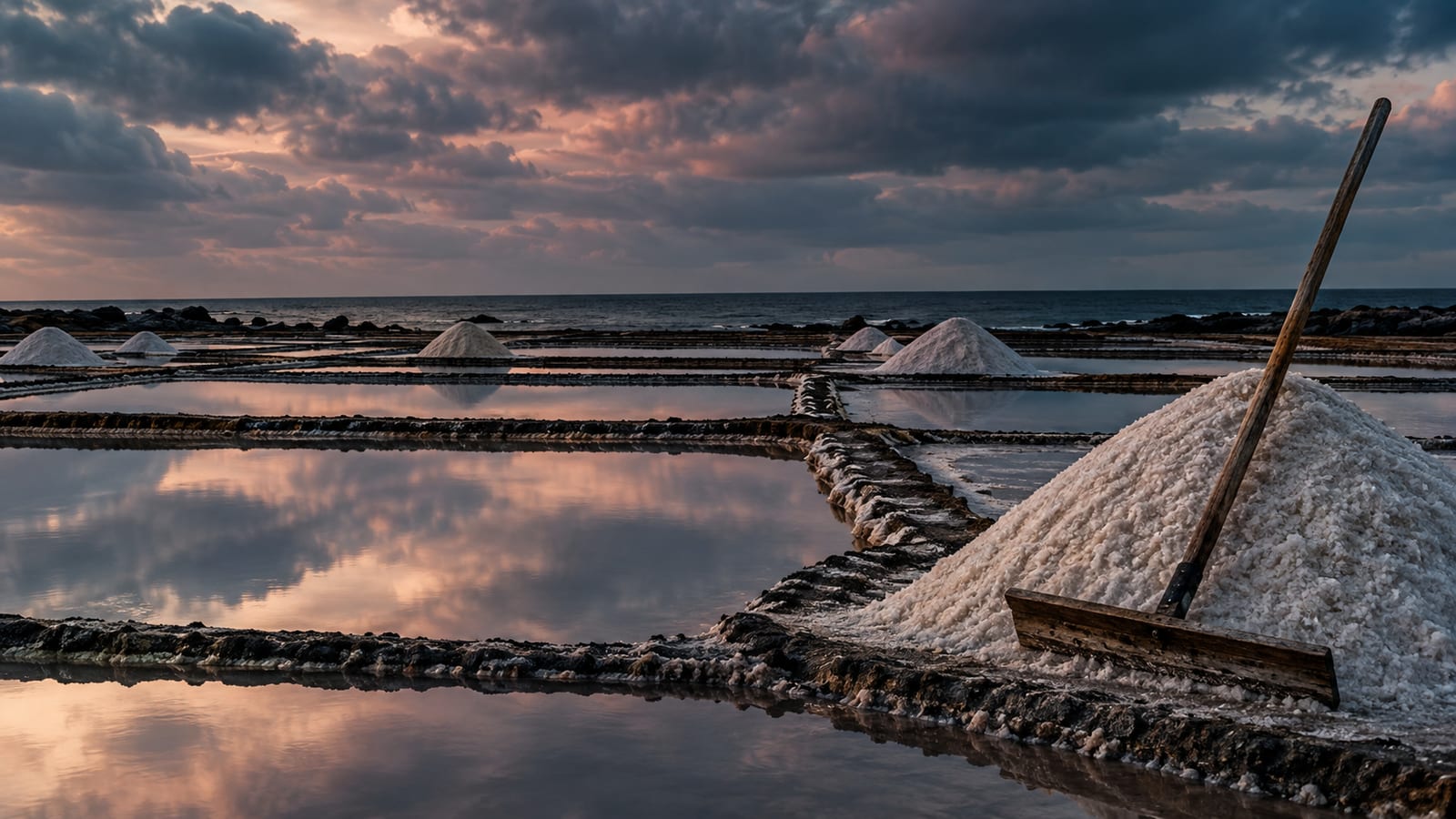 Salinas junto a la costa bajo una tarde nublada, con estanques de agua quieta que reflejan el cielo y un rastrillo de madera apoyado en un montón de sal.
