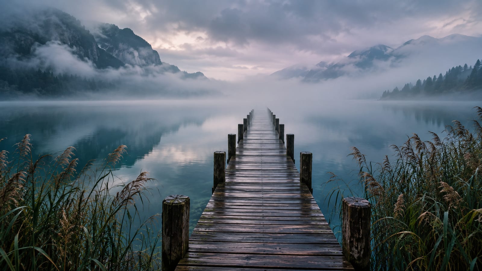 Un muelle largo de madera se adentra en un lago quieto y se pierde en la niebla, con juncos altos en la orilla al final de la tarde.