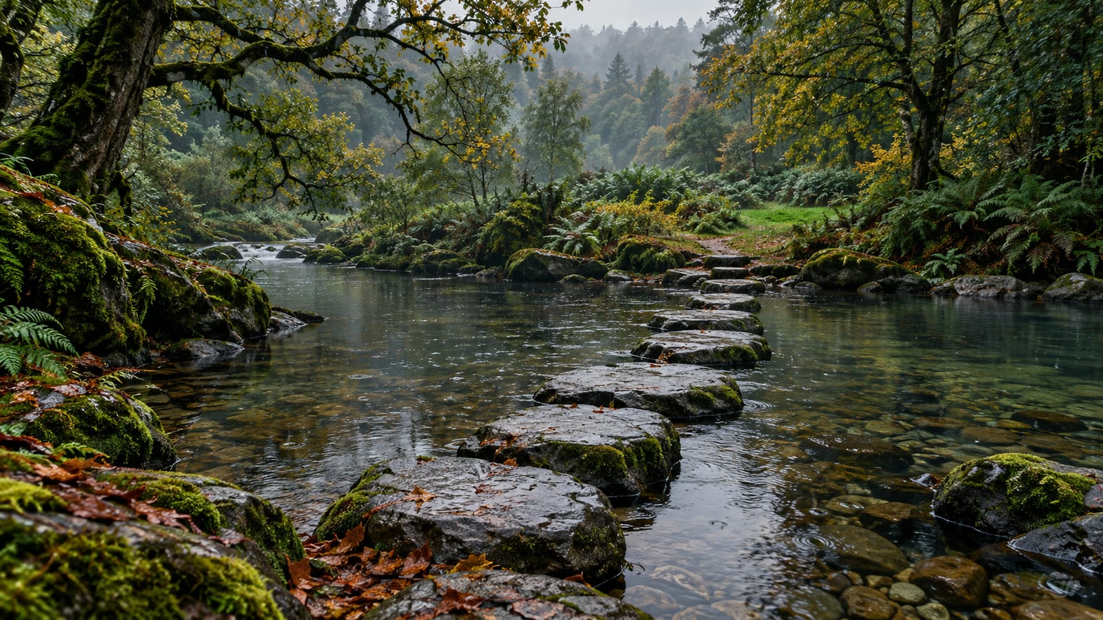 Una hilera de piedras planas cruza un río poco profundo en un bosque húmedo, de una orilla a un claro con helechos, bajo una llovizna fina.