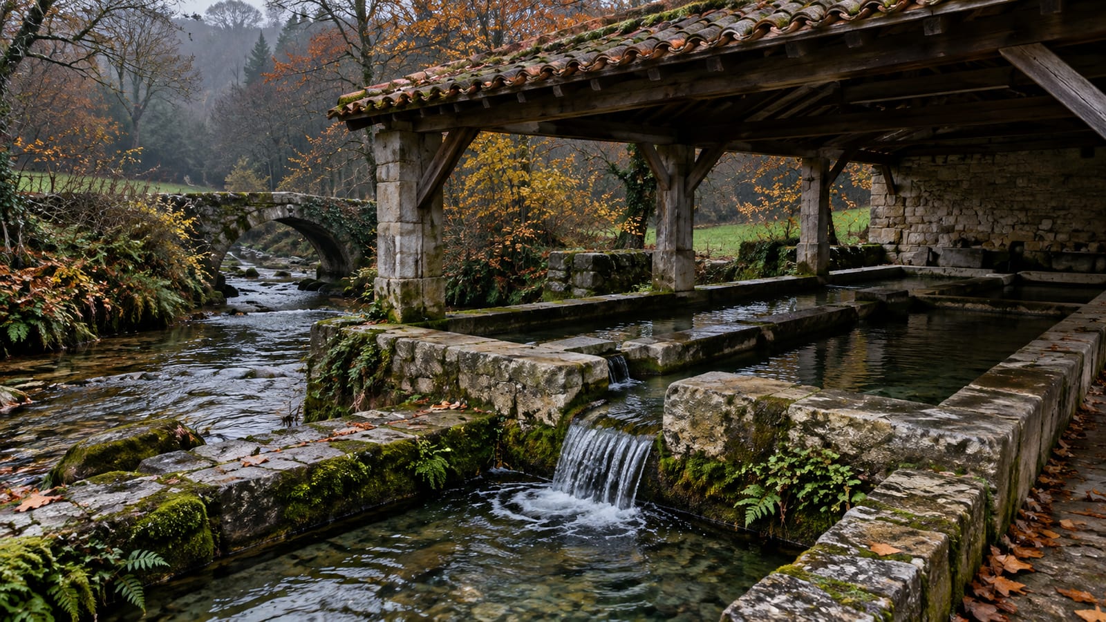 Lavadero público de piedra junto a un arroyo, con el agua corriendo entre piletas cubiertas de musgo bajo la luz gris de una tarde nublada.