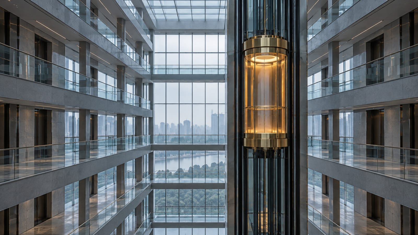 Un ascensor panorámico de cristal iluminado con luz cálida que sube por el atrio de un edificio de oficinas con pasarelas grises y techo acristalado.