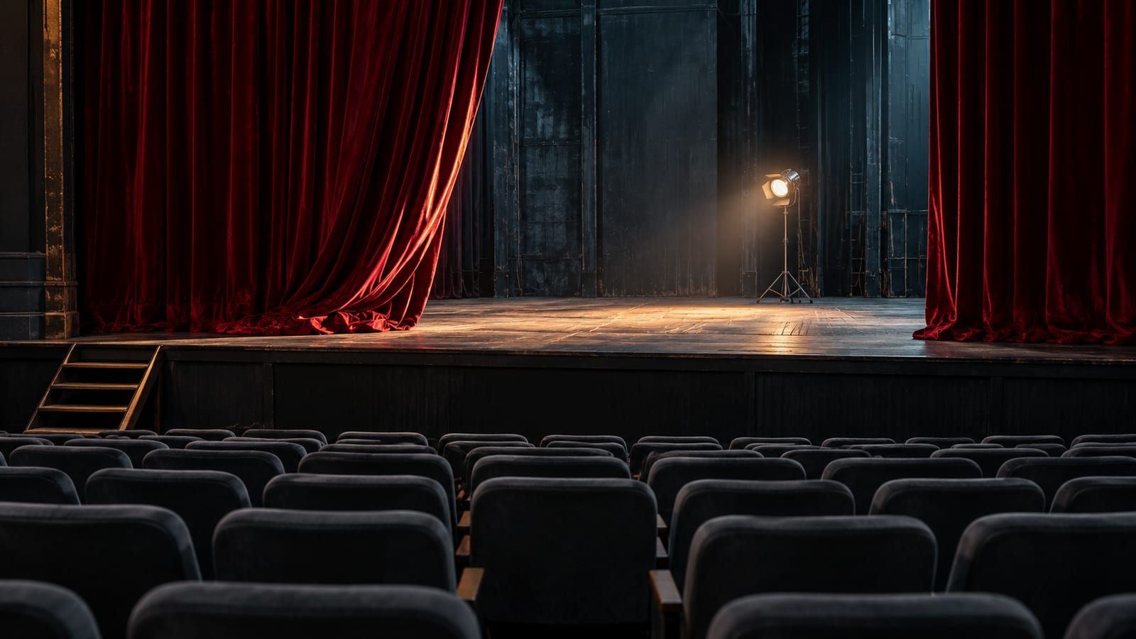 Un teatro vacío por la mañana con el telón de terciopelo rojo a medio abrir y el escenario iluminado por una sola luz de trabajo frente a butacas grises.