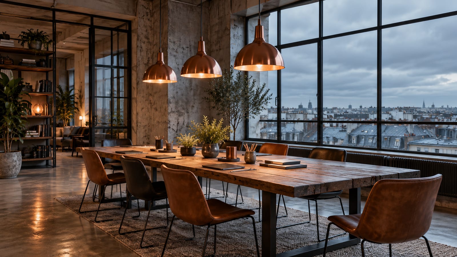 Un loft de trabajo de hormigón con una mesa larga de madera, sillas apartadas, lámparas de cobre encendidas y un ventanal industrial con cielo gris.
