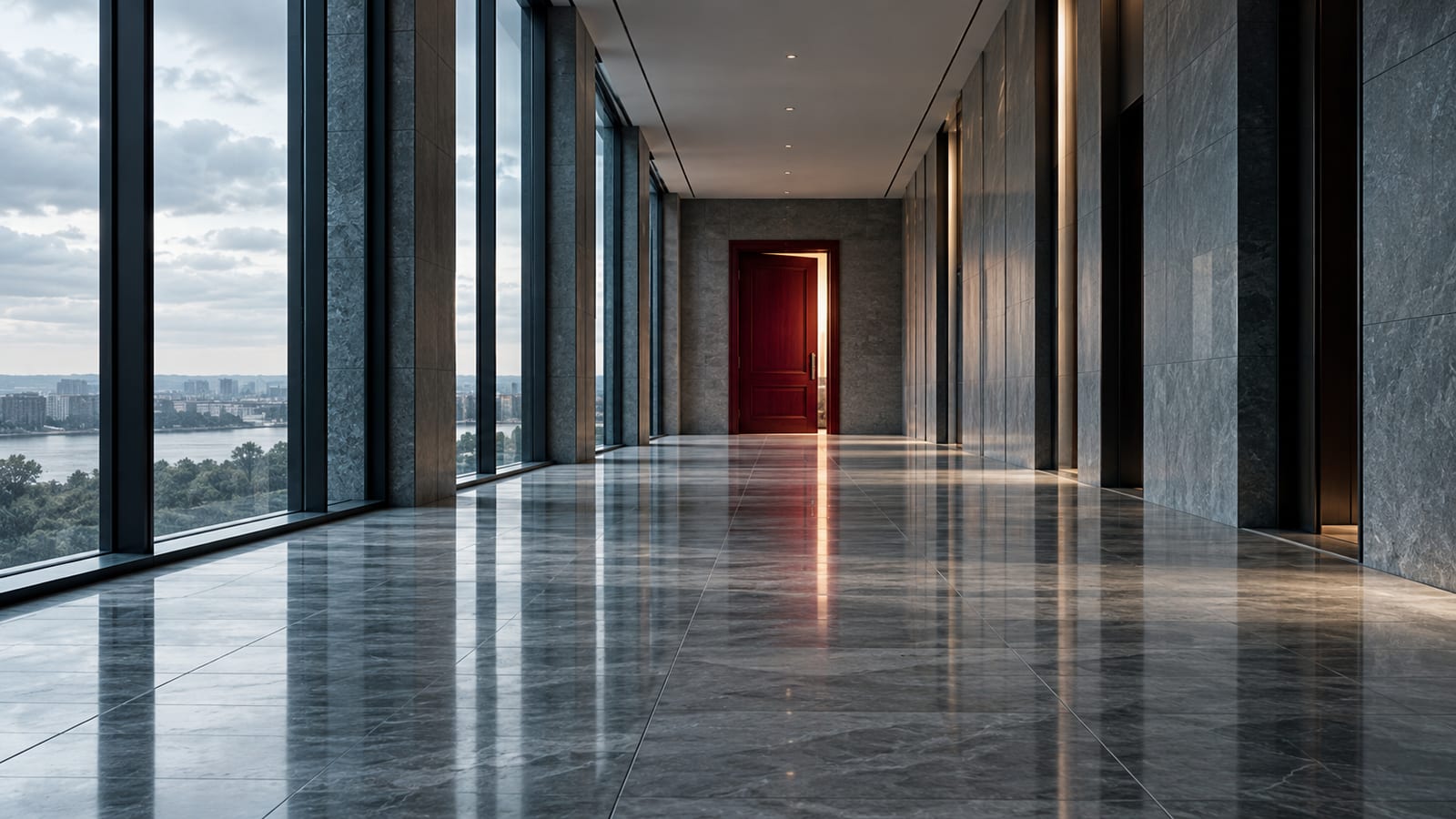 Un pasillo largo de oficinas vacío con suelo de piedra gris y ventanales nublados, y al fondo una puerta granate entreabierta.