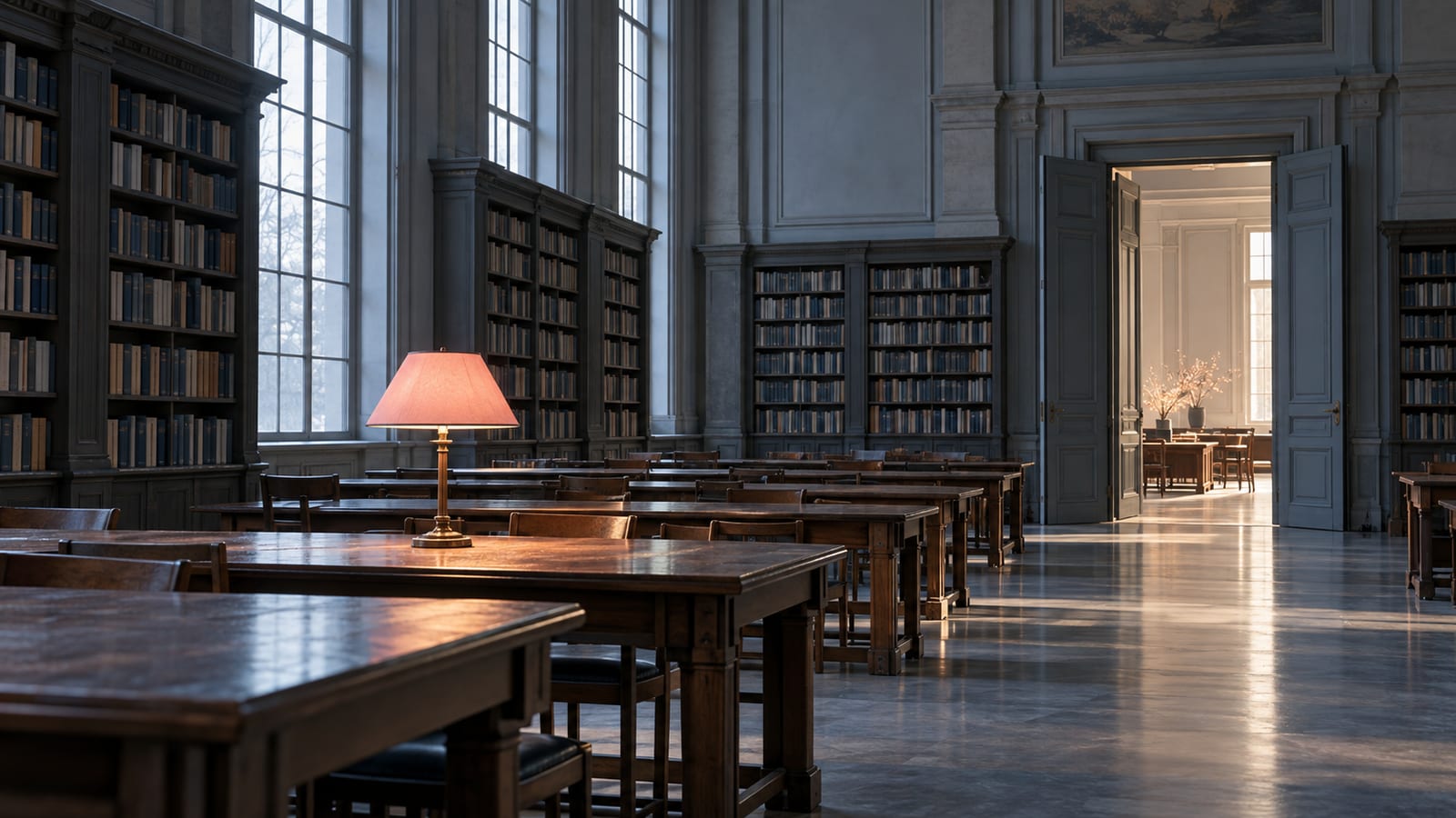 La sala de lectura de una biblioteca pública con mesas largas vacías, ventanales nublados y una lámpara rosa salmón encendida, con una puerta doble abierta al fondo.