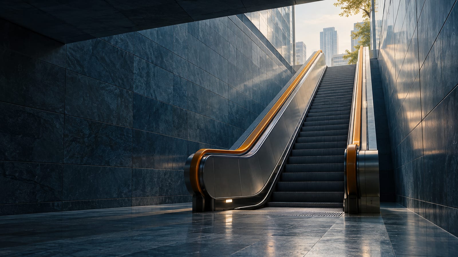 Una escalera mecánica de metro casi vacía que sube desde un vestíbulo de azulejos azul pizarra hacia la luz gris de la calle, con pasamanos color ámbar.
