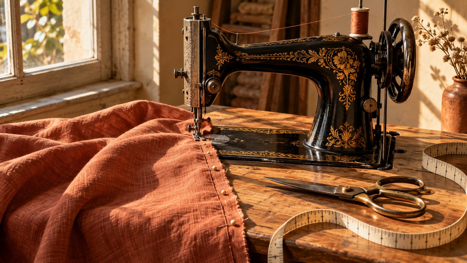 Una máquina de coser antigua junto a una ventana con una tela terracota a medio coser, alfileres, una cinta métrica desenrollada y unas tijeras abiertas.