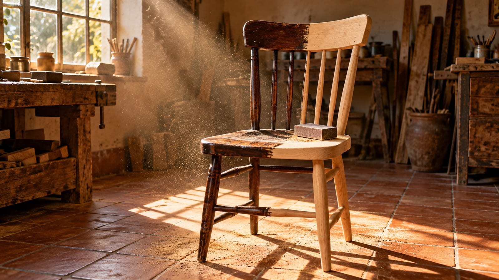 Una silla de madera a medio lijar en un taller, mitad con barniz oscuro y mitad en madera clara, con un taco de lija sobre el asiento y polvo en la luz.