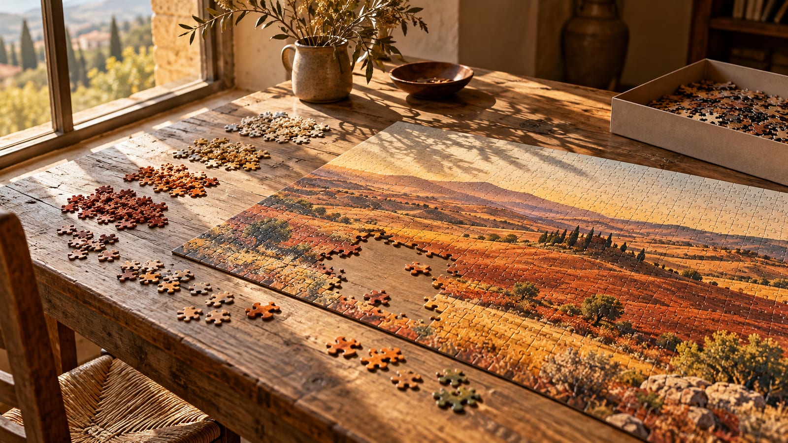 Una mesa de madera junto a una ventana con un rompecabezas a medio armar y las piezas sueltas ordenadas en montones por color bajo una luz lateral intensa.