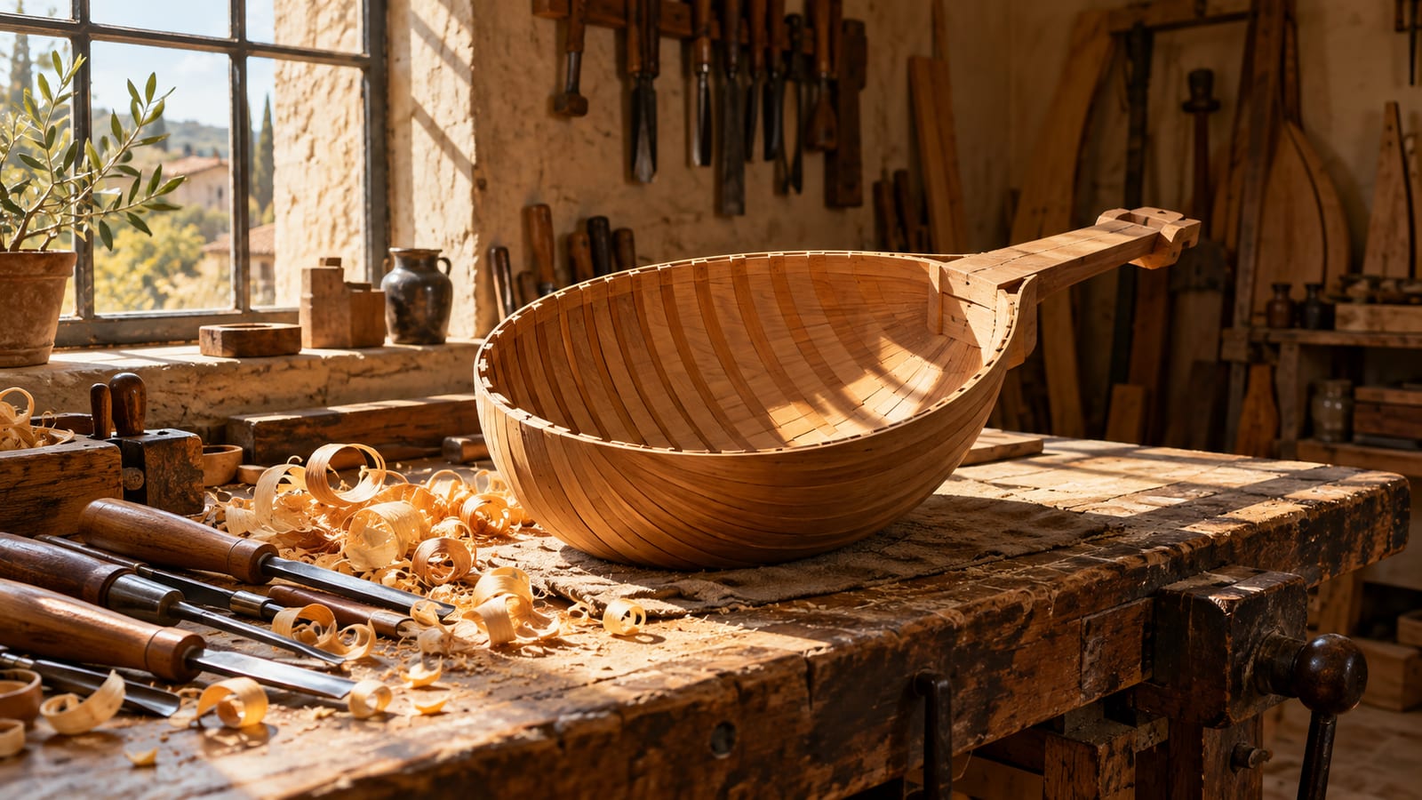 El taller de un luthier con un laúd de caja abombada a medio construir sobre el banco, gubias y virutas, iluminado por una ventana lateral.