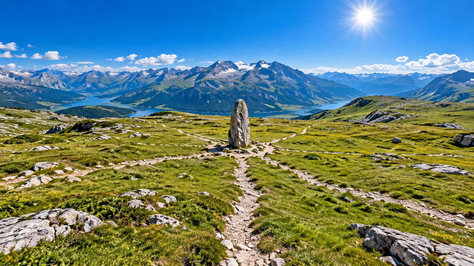 Varios senderos cruzan una gran pradera de montaña desde distintas direcciones y se encuentran junto a un menhir de piedra en el centro.