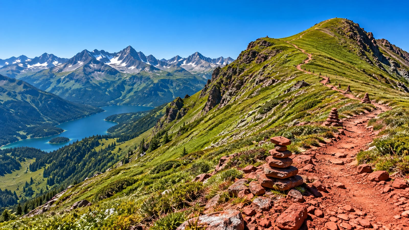 Un sendero de tierra rojiza sube en zigzag por una ladera verde hacia un collado de montaña, marcado con pequeños montículos de piedra bajo un cielo azul intenso.