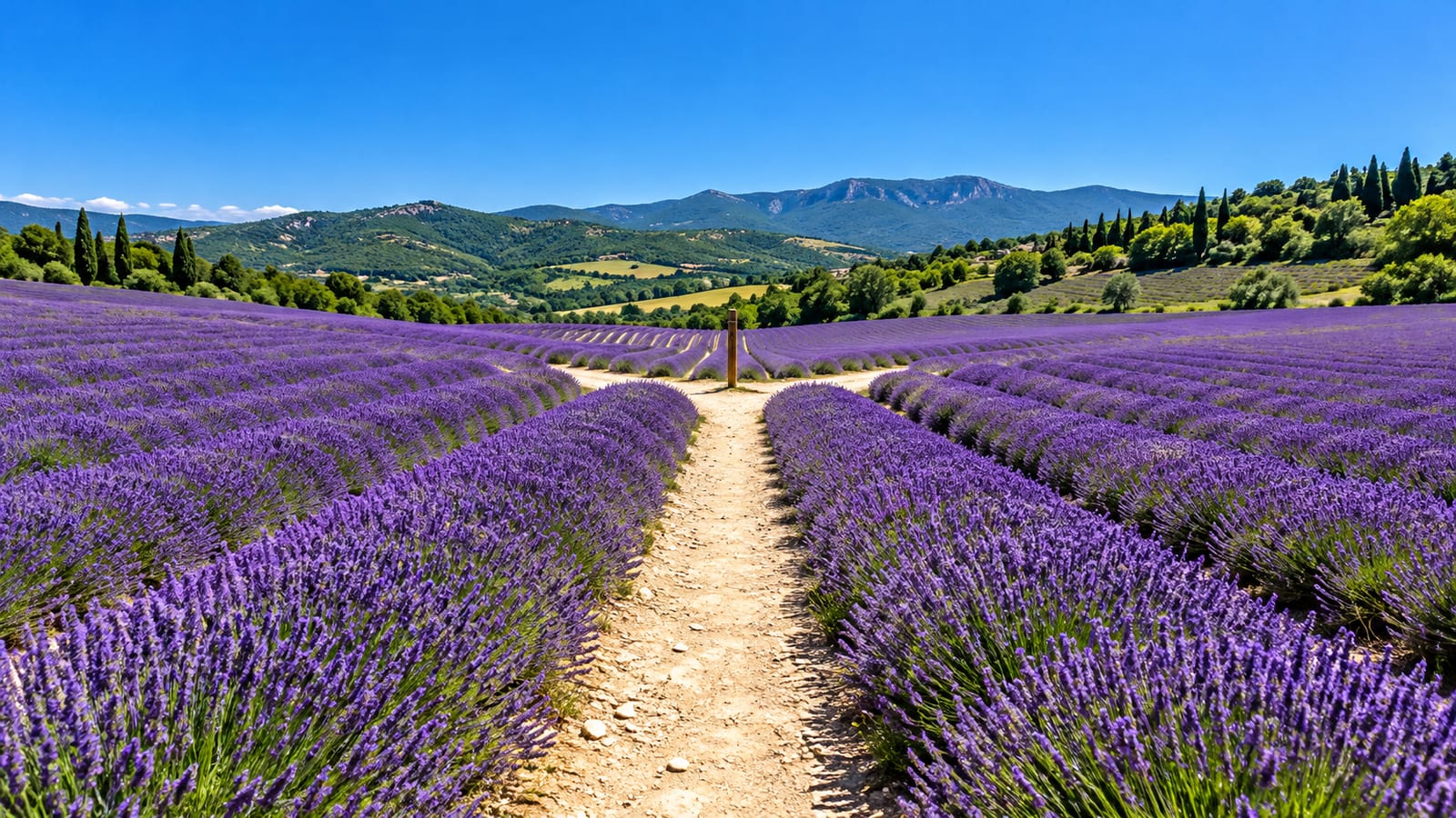 Un camino de tierra clara cruza en línea recta un campo de lavanda en hileras ordenadas hasta una pequeña bifurcación con un poste de madera, bajo un cielo azul.